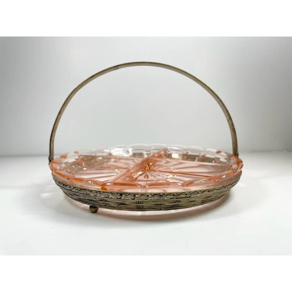Vintage Pink Depression Round Relish Divided Dish With Metal Holder Plate Basket